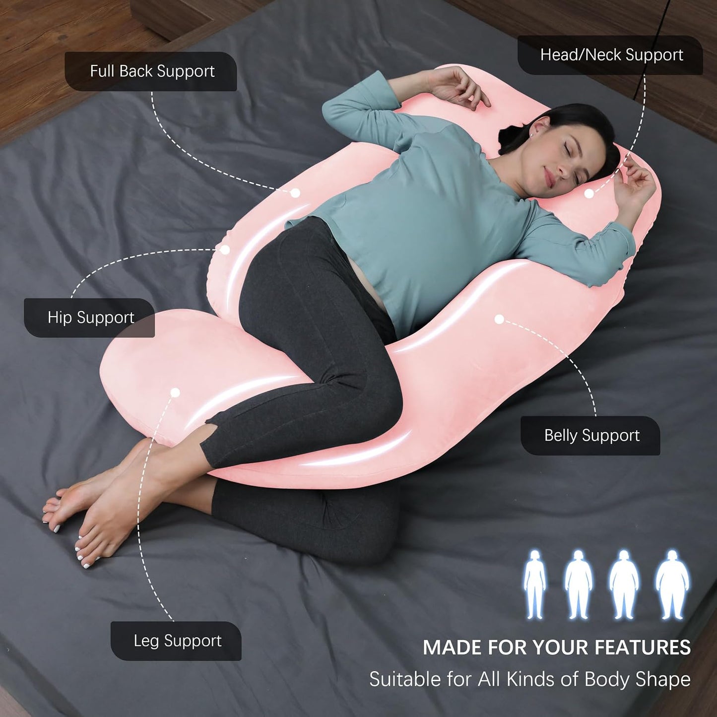 Pregnancy Pillows for Sleeping - U Shaped Full Body Maternity Pillow with Removable Cover - Support for Back, Legs, Belly, HIPS - 65 Inch - Pink