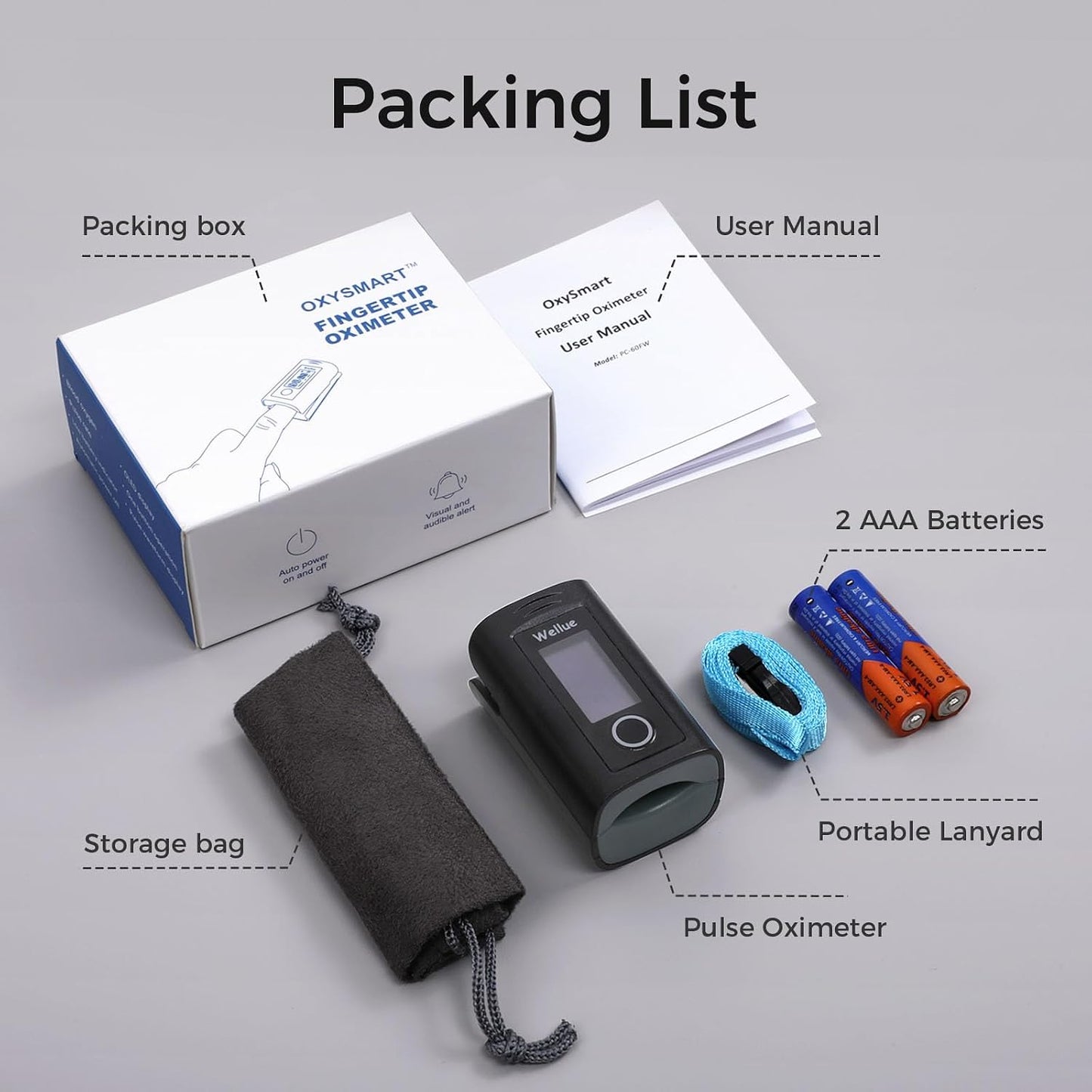 Fingertip Pulse Oximeter, Blood Oxygen Saturation Monitor with Batteries, Carry Bag & Lanyard for Wellness Use