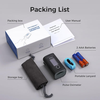 Fingertip Pulse Oximeter, Blood Oxygen Saturation Monitor with Batteries, Carry Bag & Lanyard for Wellness Use