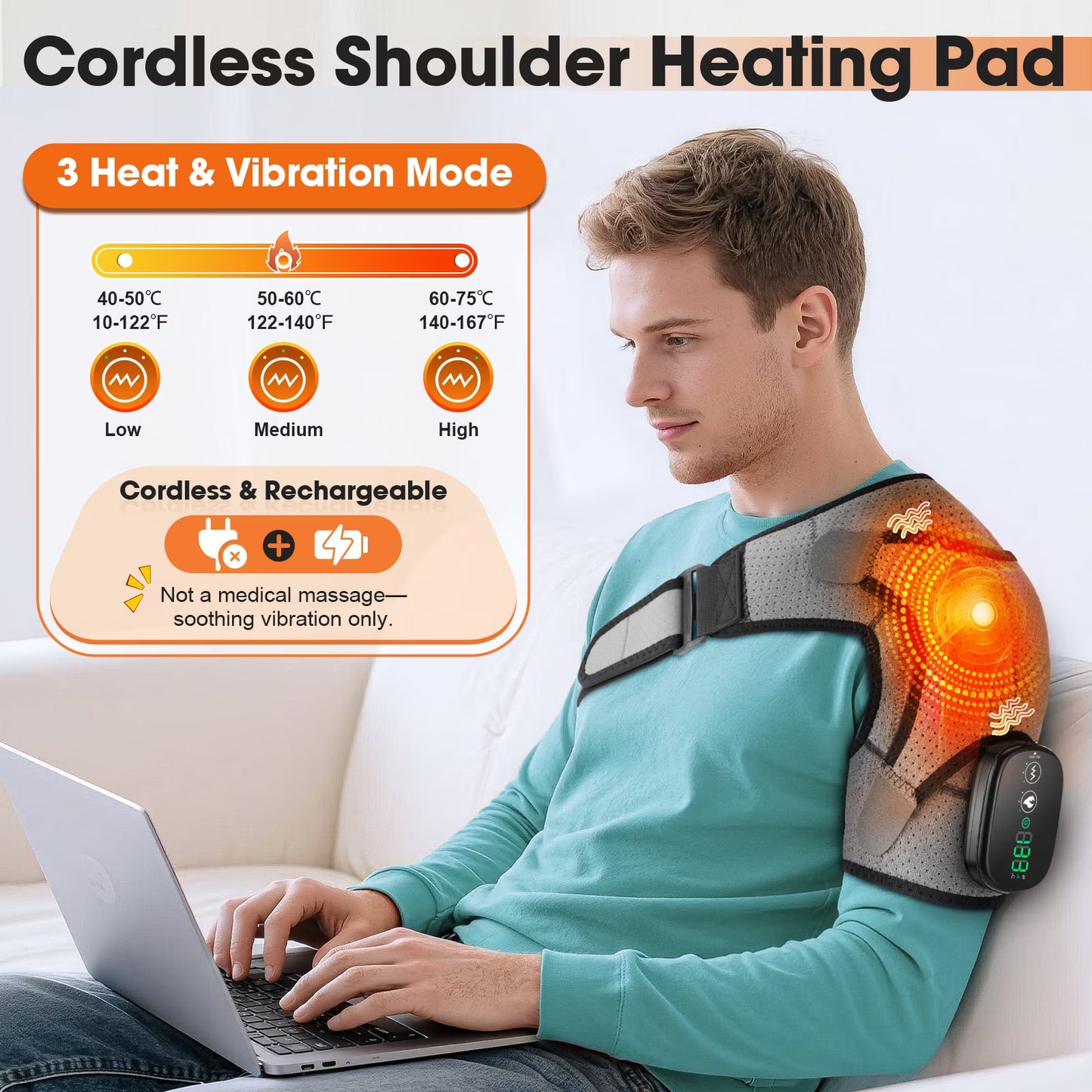 Cordless Shoulder Massager, Heated Shoulder Wrap with Vibration, Electric Shoulder Heating Pads Heated Shoulder Braces with 3 Heating Setting, Left Right Shoulder Massage for Men Women