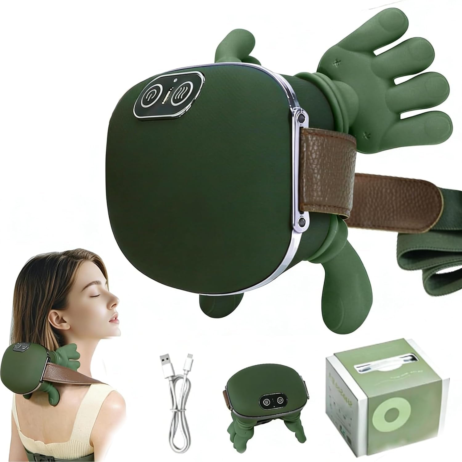Neck and Shoulder Massager,Portable Shiatsu Back Massage Hand-Shaped Deep Tissue 4D Kneading Massager with Heat for Pain Relief and Muscle Relax,Gifts for Women Men,(Green)