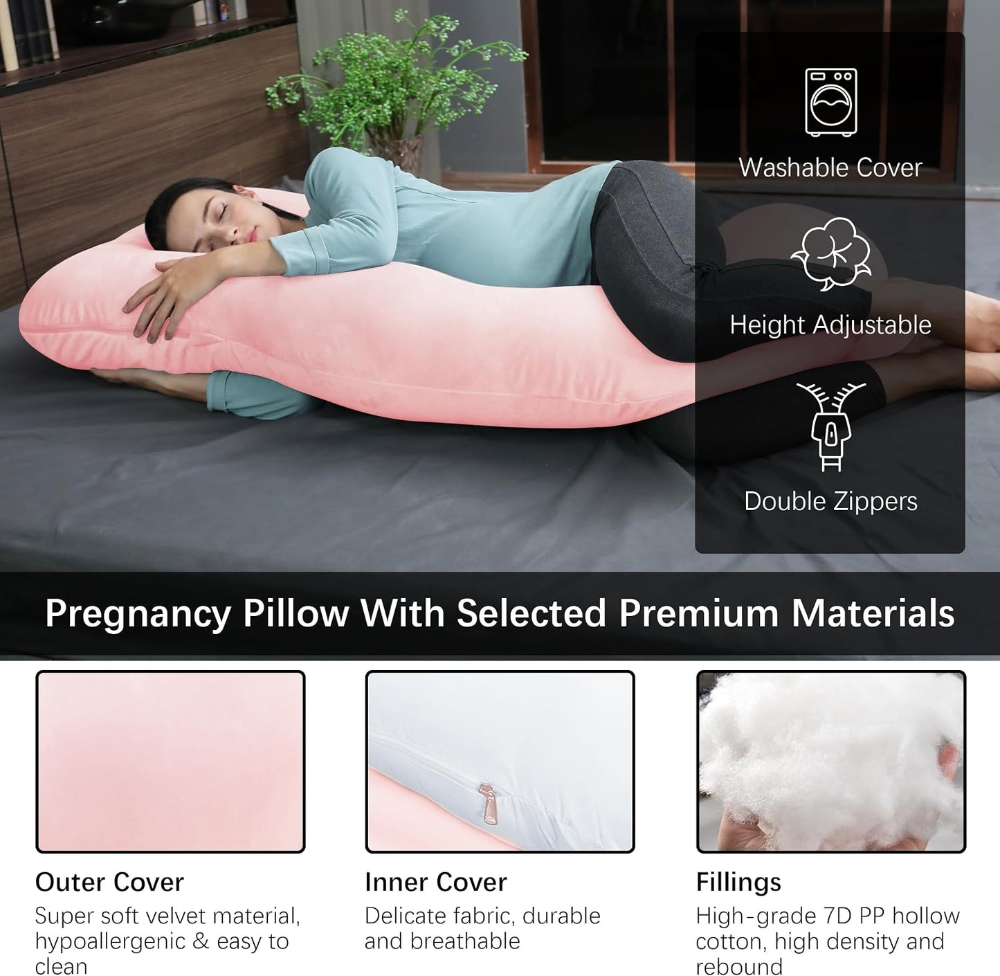 Pregnancy Pillows for Sleeping - U Shaped Full Body Maternity Pillow with Removable Cover - Support for Back, Legs, Belly, HIPS - 65 Inch - Pink
